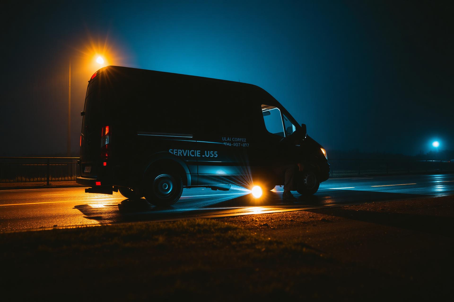 Autoutilitară DAS Mobil Service intervenind noaptea pe drum